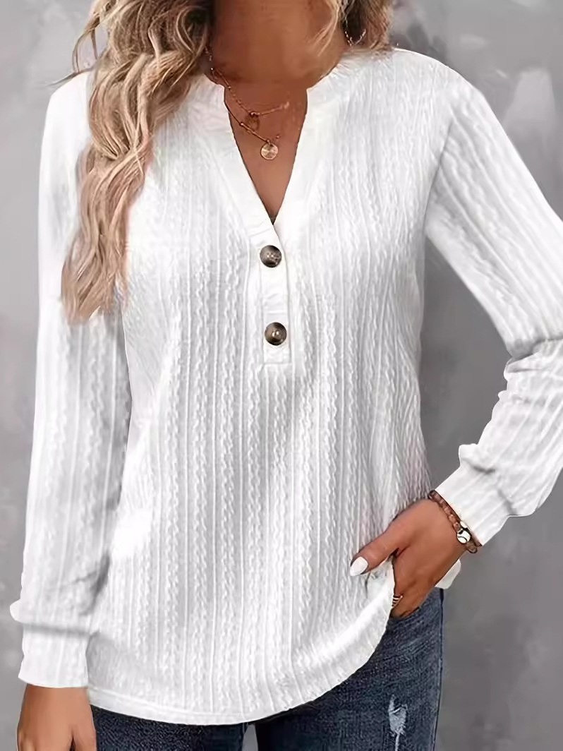 Casual Long Sleeve V Neck Plain Loose Regular Blouse