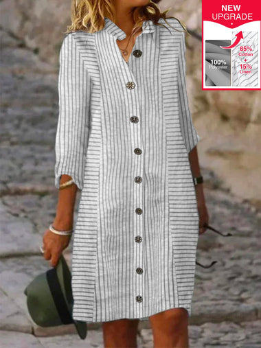 Casual Three Quarter Sleeve Shirt Collar Striped Loose Mini Dress