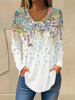 Casual Long Sleeve V Neck Floral Loose Mid-Long Blouse