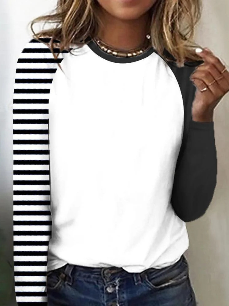 Casual Long Sleeve Crew Neck Striped Loose Regular T-Shirt