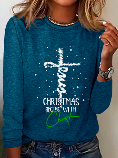 Loose Long Sleeve Crew Neck Christmas Casual Regular T-Shirt