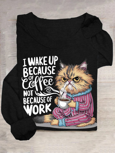 Casual Long Sleeve Crew Neck Cat Loose Regular T-Shirt