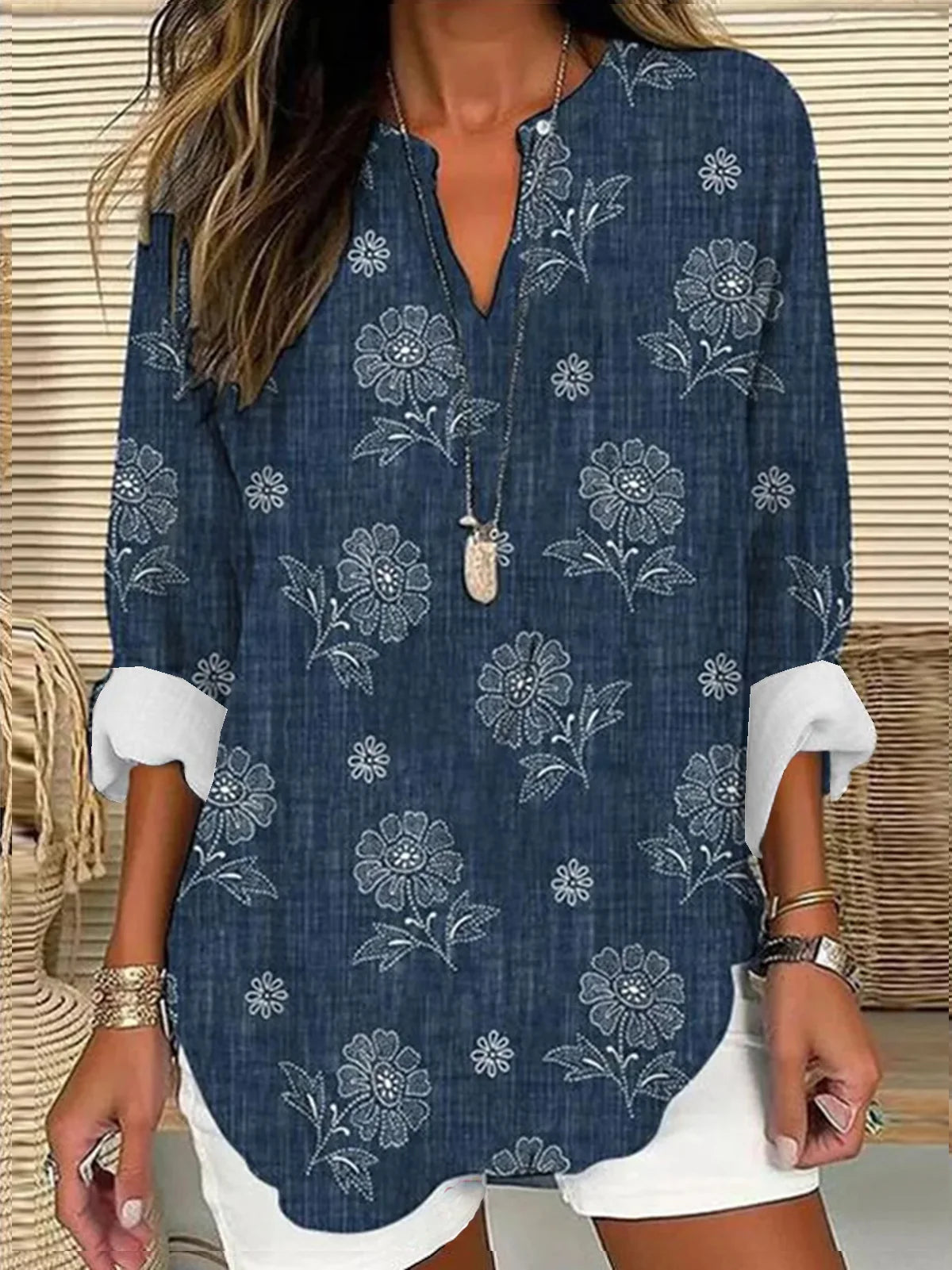 Loose Long Sleeve V Neck Floral Casual Regular Blouse