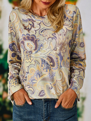 Casual Long Sleeve Crew Neck Paisley Loose Regular T-Shirt