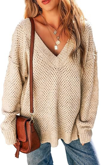 Loose Long Sleeve V Neck Plain Casual Regular Sweater