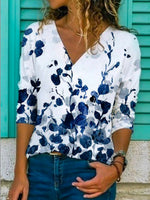 Loose Long Sleeve V Neck Floral Pattern Casual Regular Shirt