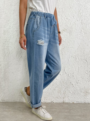 Casual Plain Ripped Loose Ankle Pants