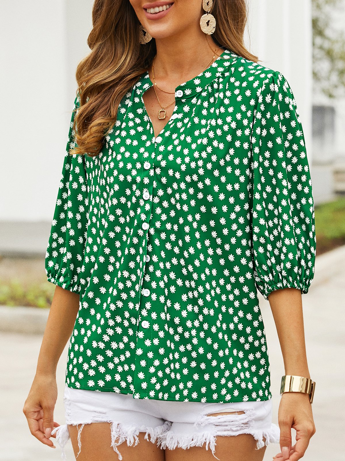 Casual Half Sleeve Stand Collar Floral Loose Regular Shirt