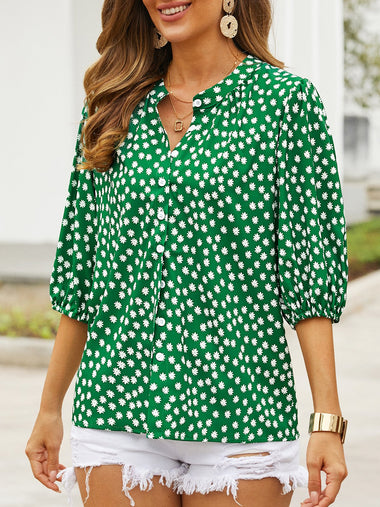 Casual Half Sleeve Stand Collar Floral Loose Regular Shirt