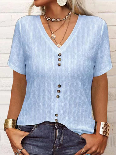 Short Sleeve V Neck Plain Casual Regular Blouse