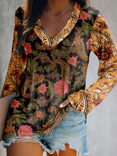 Loose Long Sleeve V Neck Floral Vintage Regular T-Shirt