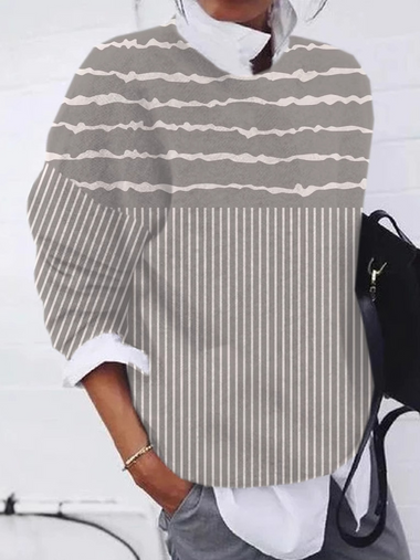 Casual Long Sleeve Crew Neck Striped Zipper Loose Regular Sweatshirt