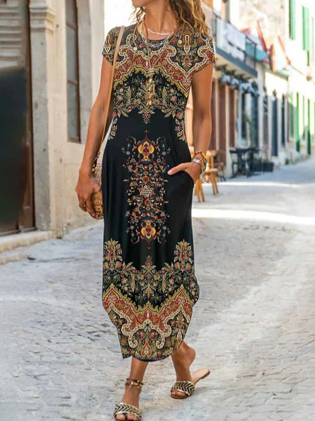 Casual Short Sleeve Crew Neck Nationality Maxi Dress