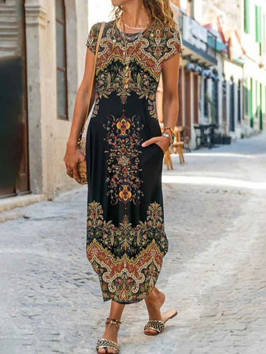 Casual Short Sleeve Crew Neck Nationality Maxi Dress