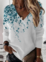 Loose Long Sleeve V Neck Leaf Casual Regular Sweatshirt