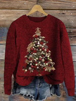 Loose Long Sleeve Crew Neck Christmas Tree Simple Regular Sweater