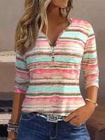 Loose Long Sleeve V Neck Striped Casual Regular T-Shirt