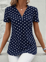 Short Sleeve V Neck Polka Dots Zipper Casual Regular Blouse