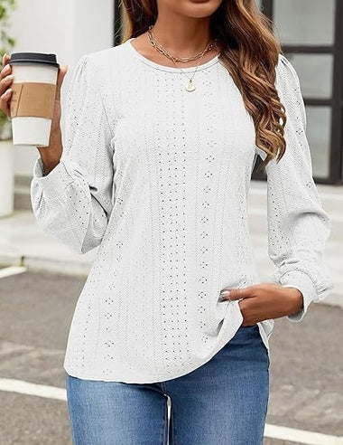 Casual Long Sleeve Crew Neck Plain Loose Regular Blouse