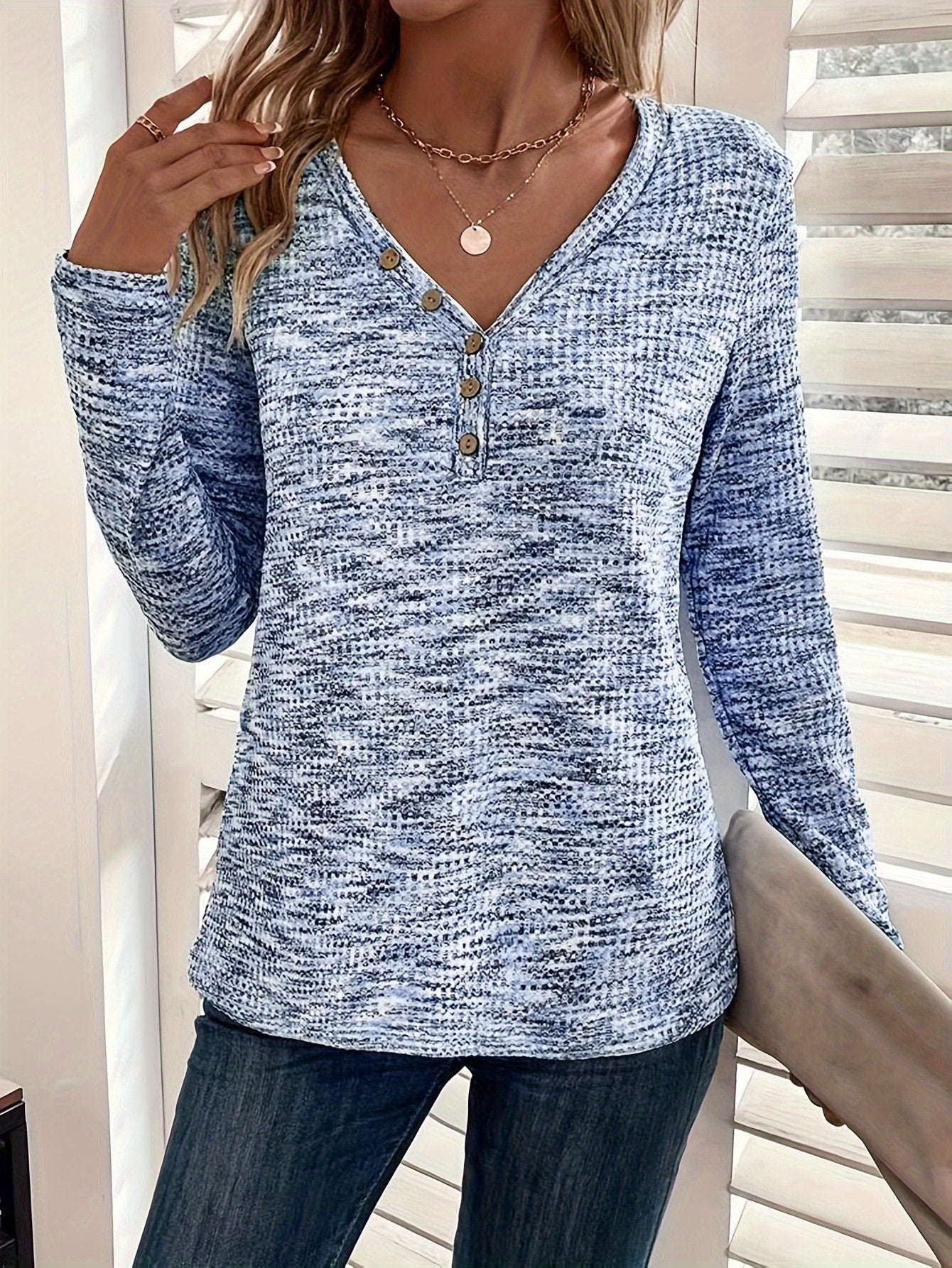 Loose Long Sleeve V Neck Plain Casual Regular Blouse