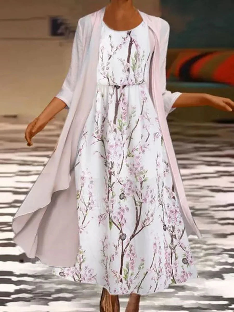 Casual Three Quarter Sleeve Crew Neck Floral Loose Maxi Dress