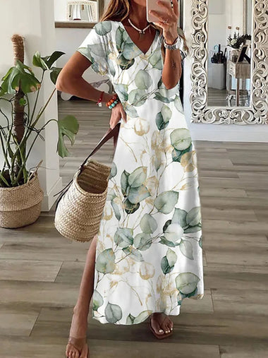 Casual Short Sleeve V Neck Leaf Loose Maxi Dress