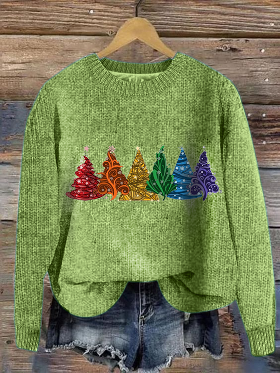 Loose Long Sleeve Crew Neck Christmas Tree Simple Regular Sweater