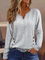 Casual Long Sleeve Notched Plain Loose Regular T-Shirt