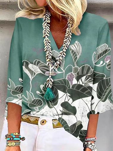 Loose Three Quarter Sleeve V Neck Floral Casual Regular Blouse