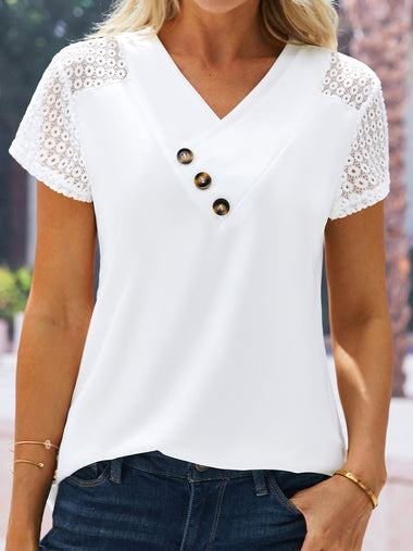 Loose Short Sleeve V Neck Plain Casual Regular Blouse