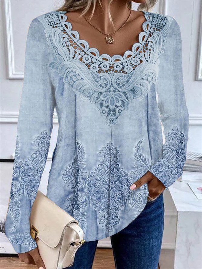 Loose Long Sleeve Crew Neck Random Print Casual Mid-Long Blouse