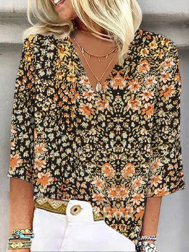 Casual Three Quarter Sleeve V Neck Floral Loose Regular Blouse