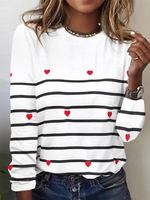 Loose Long Sleeve Crew Neck Striped Floral Casual Regular T-Shirt