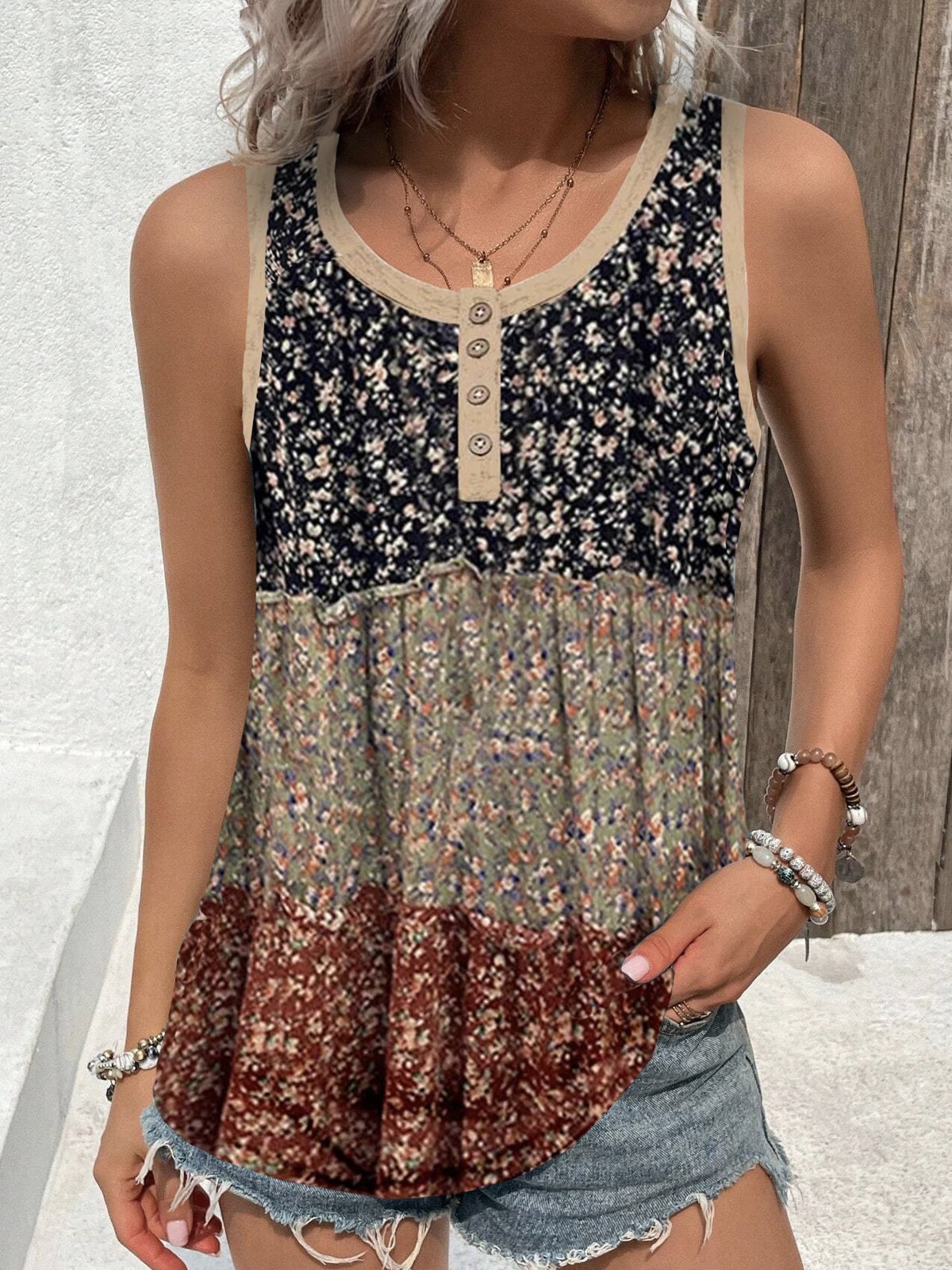 Loose Sleeveless Crew Neck Floral Casual Regular Tank Top