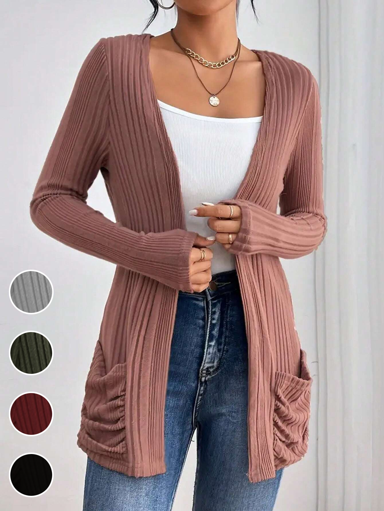 Loose Long Sleeve Plain Casual Mid-Long Cardigan