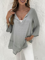 Loose Long Sleeve Notched Plain Asymmetric Linen Mid-Long Blouse