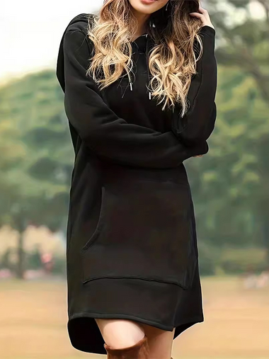 Casual Long Sleeve Hooded Plain Loose Short Dress