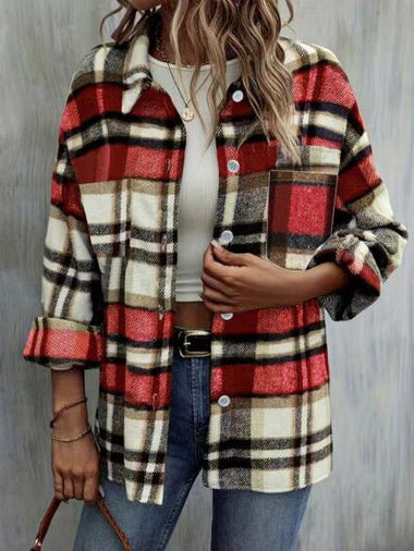 Loose Shawl Collar Long Sleeve Plaid Casual Regular Jacket