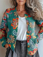 Loose Crew Neck Long Sleeve Paisley Boho Regular Cardigan