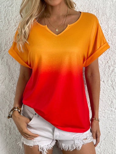 Casual Short Sleeve Notched Ombre Loose Mid-Long Blouse