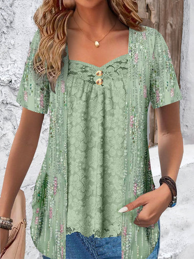 Casual Short Sleeve Ditsy Floral Loose Regular Blouse