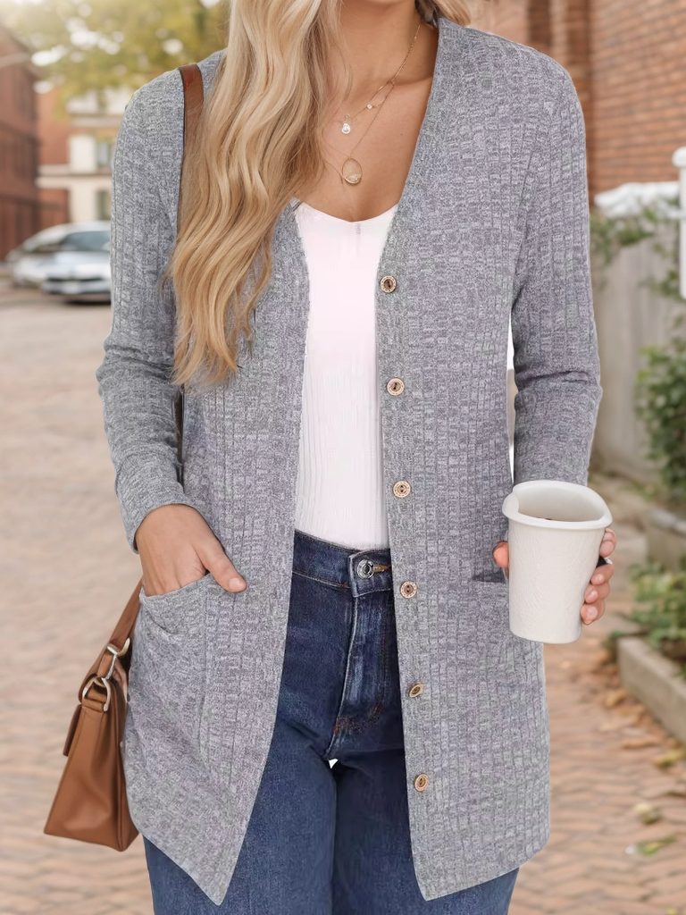 V Neck Long Sleeve Plain Casual Mid-Long Cardigan