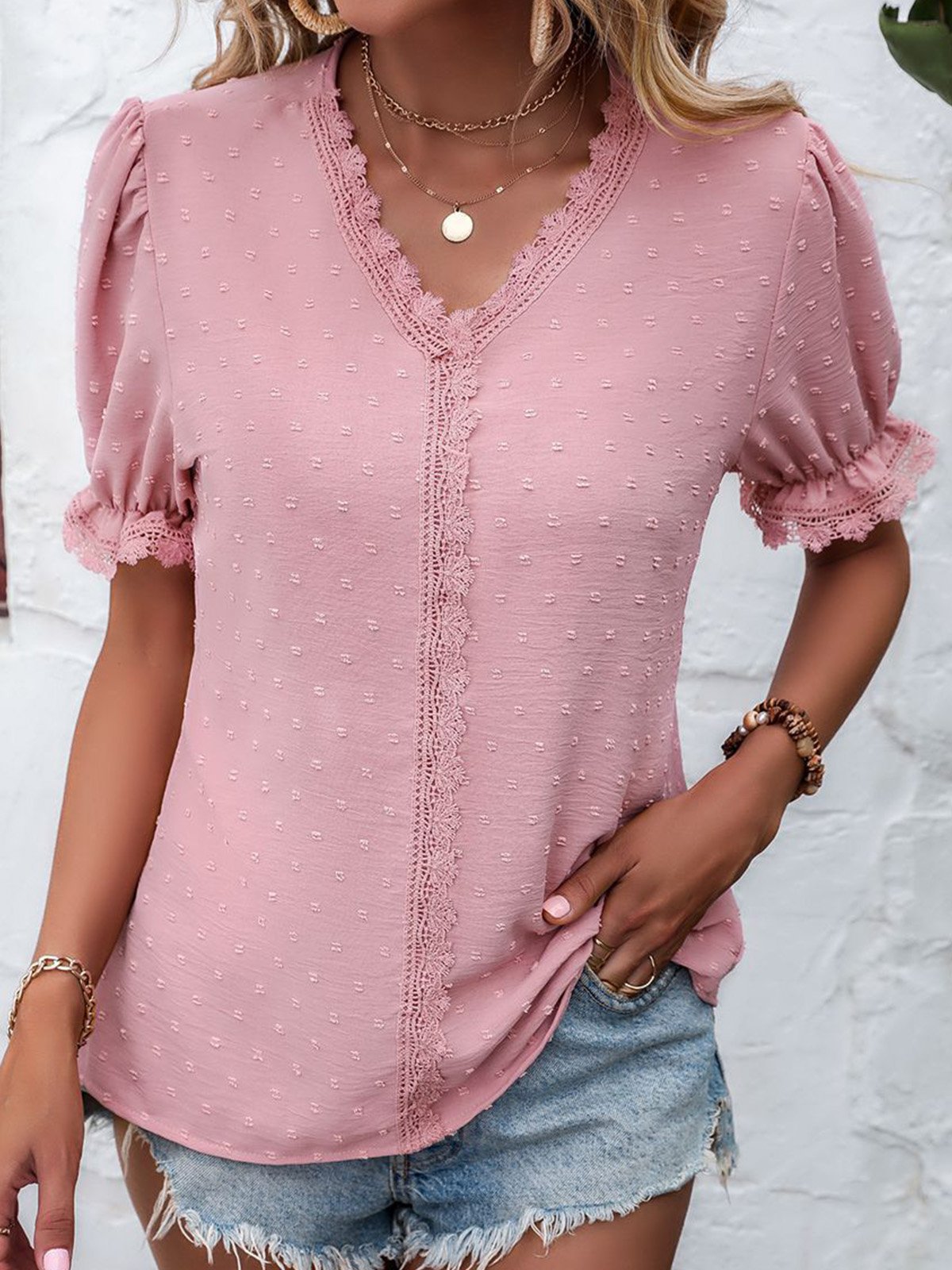 Casual Short Sleeve V Neck Plain Regular Blouse