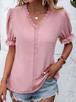 Casual Short Sleeve V Neck Plain Regular Blouse