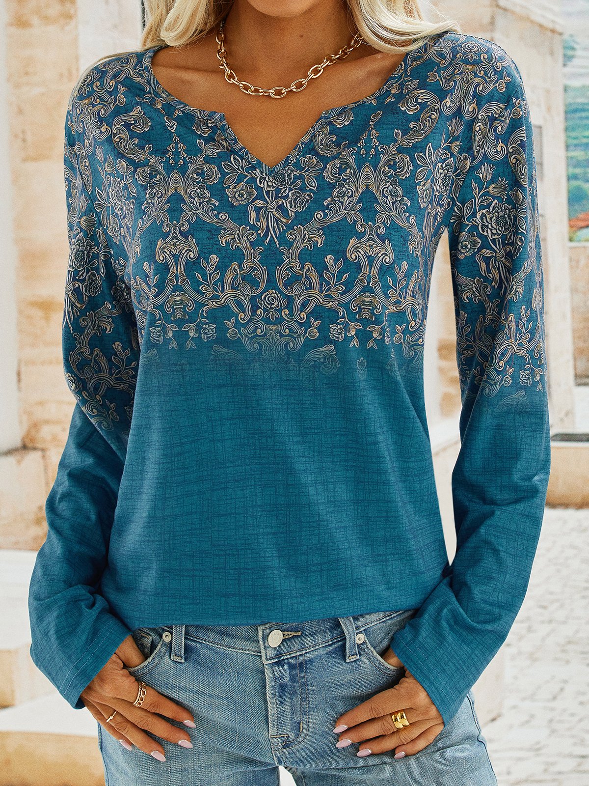 Casual Long Sleeve Notched Ethnic Loose Regular T-Shirt