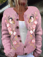 Crew Neck Long Sleeve Floral Printing Casual Regular Cardigan