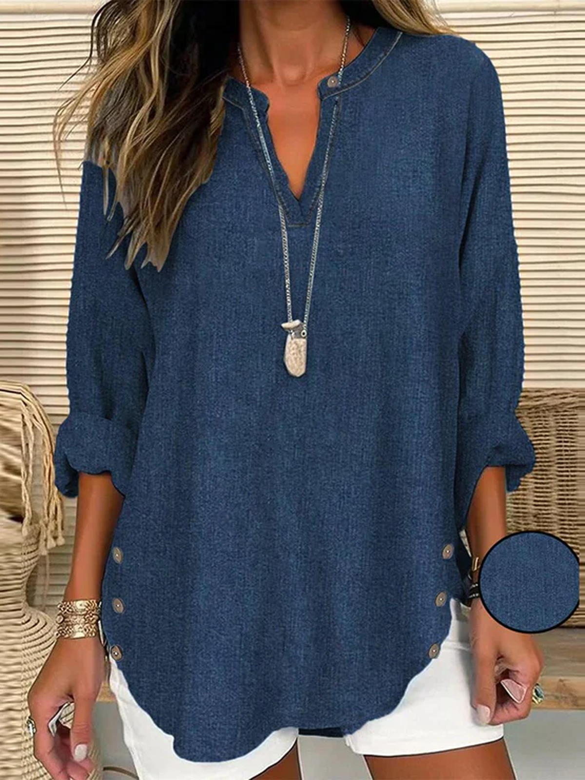 Loose Long Sleeve Notched Plain Casual Regular Blouse