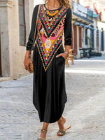 Casual Long Sleeve Crew Neck Ethnic Loose Maxi Dress