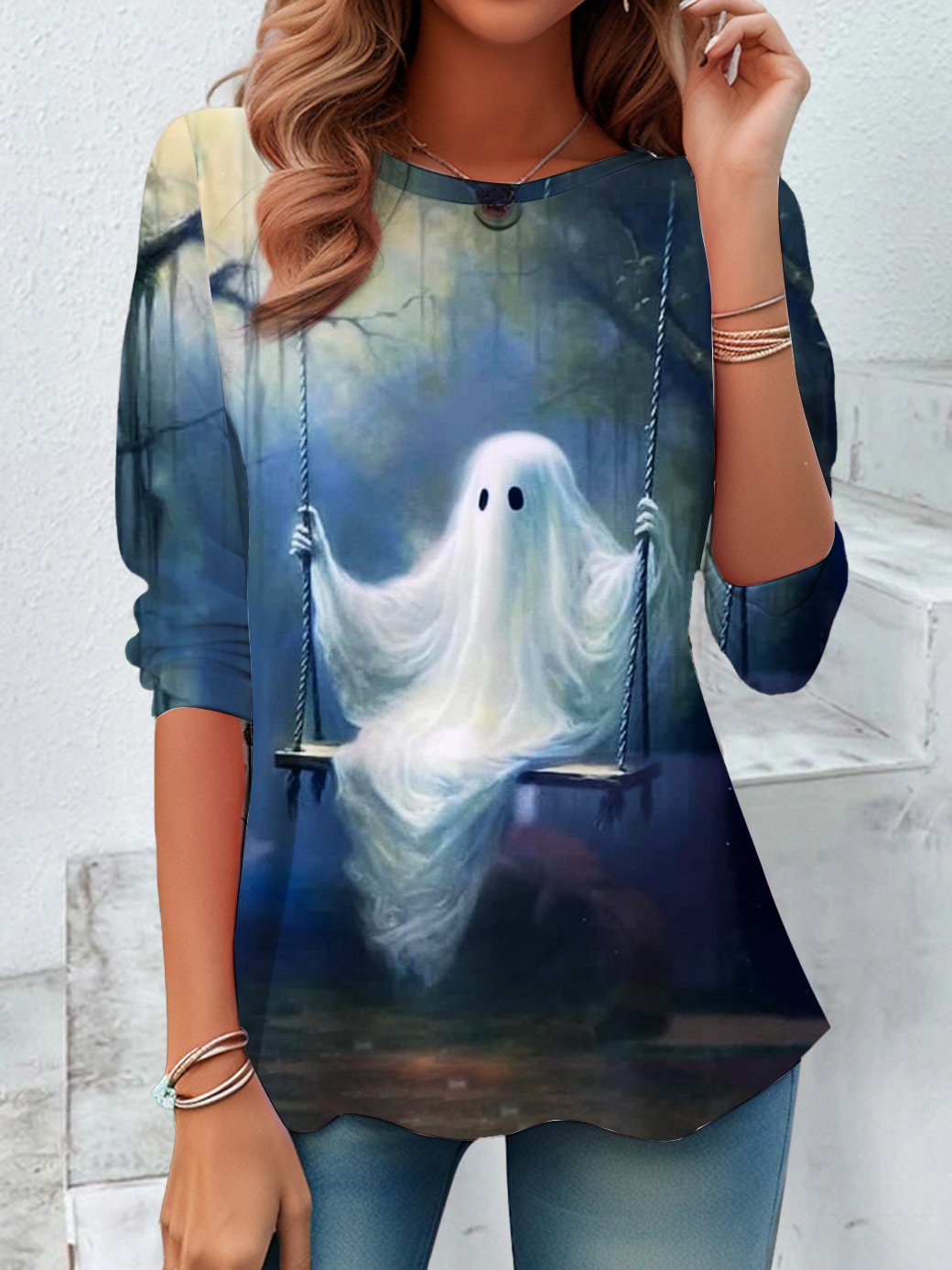 Loose Long Sleeve Crew Neck Halloween Vintage Regular Blouse