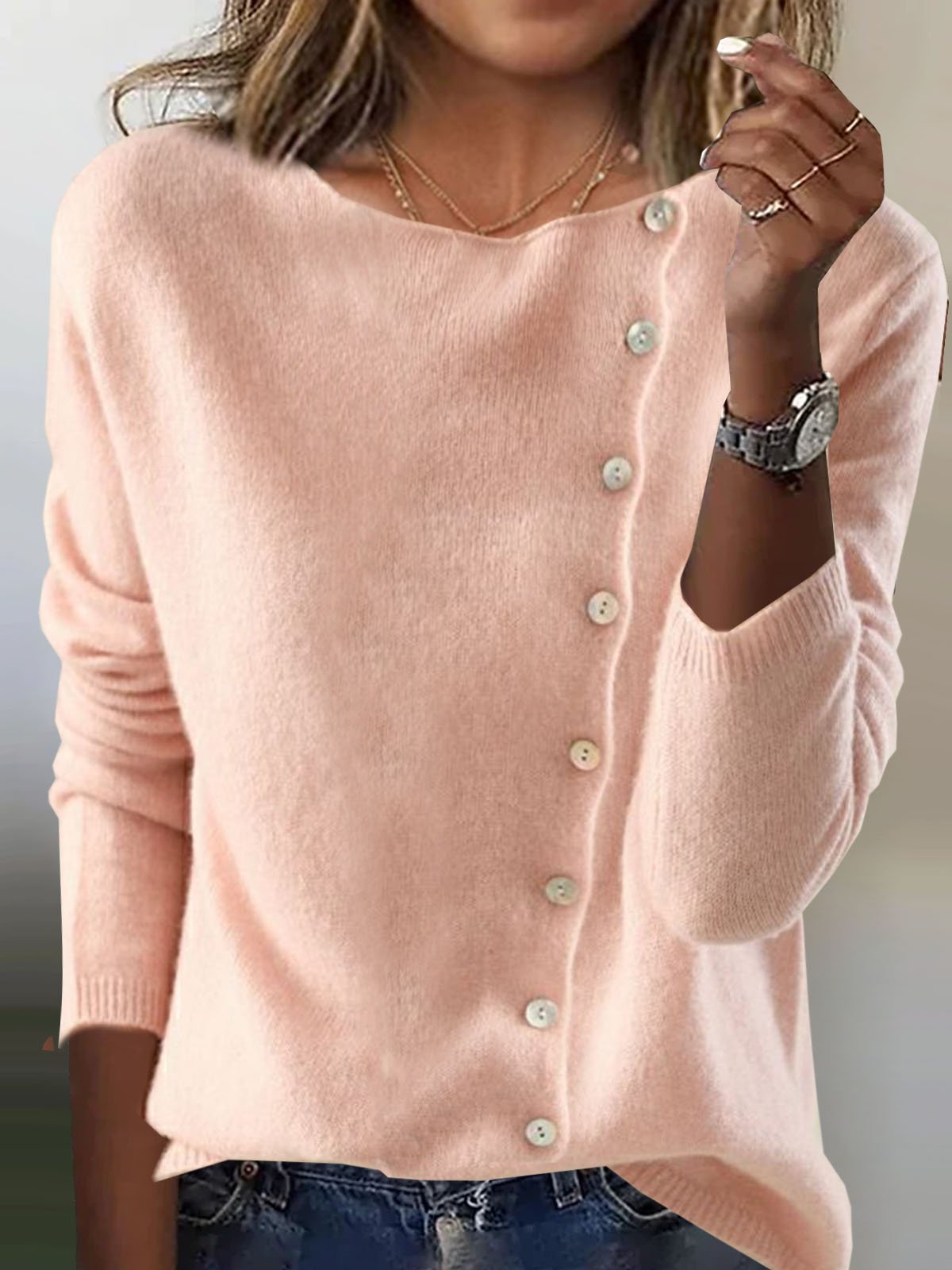 Loose Crew Neck Long Sleeve Plain Casual Regular Cardigan